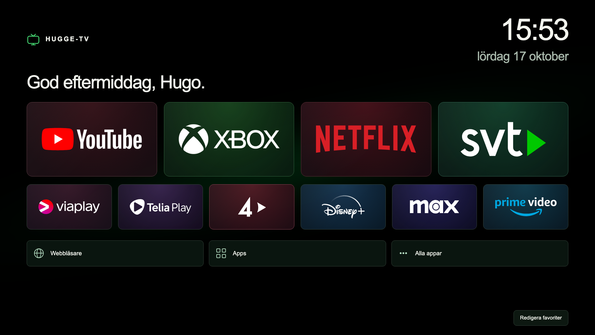 HUGGE-TV med streamingfavoriter, klocka och genvägar på en mörk stjärnbakgrund.